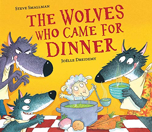 Book cover: three wolves and a lamb at a dinner table.