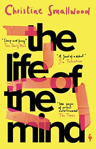 Yellow book cover with bold, fragmented text and abstract pink shapes.
