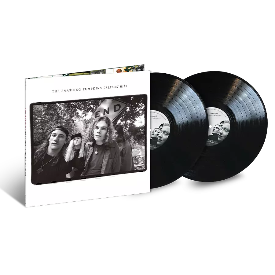 Black and white photo of The Smashing Pumpkins album “Rotten Apples” vinyl record.