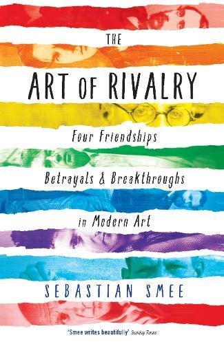 Book cover with horizontal colored stripes revealing faces and text title The Art of Rivalry.
