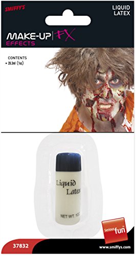"Liquid latex packaging with a bottle and image of a person with bloody makeup."