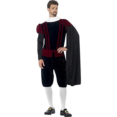 Man wearing a Tudor-style costume with ruffled neckline and cape.