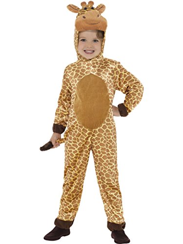 A child wearing a giraffe costume with a hood, spots, and brown accents.