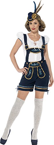 "Woman wearing traditional Bavarian costume with blue lederhosen, white top, and feathered hat."