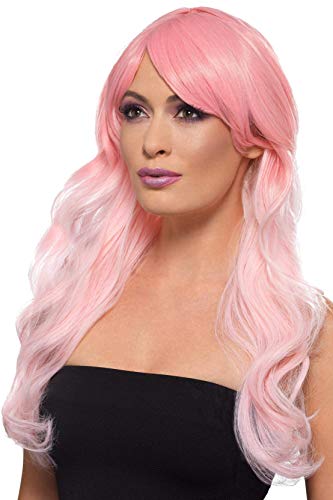 Long, wavy pink and blonde ombre wig worn by a person.