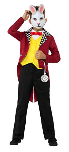 Child in a White Rabbit costume with red jacket and pocket watch.