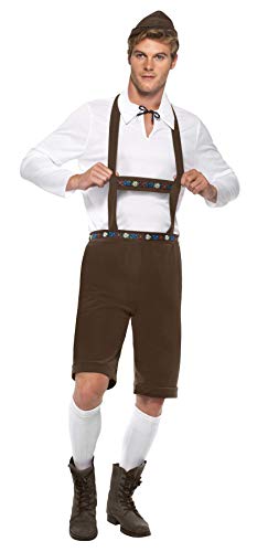 Man wearing traditional Bavarian costume: brown lederhosen, white shirt, socks, and brown boots.