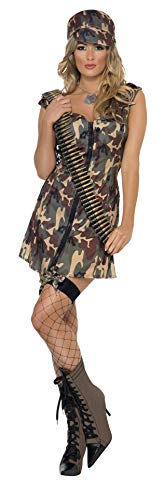 Woman wearing a camouflage army girl costume with hat and boots.