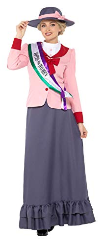 Woman in a grey and pink Victorian-era suffragette costume.