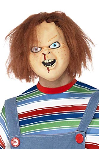 Chucky mask with messy red hair and a bloody nose on a striped shirt.