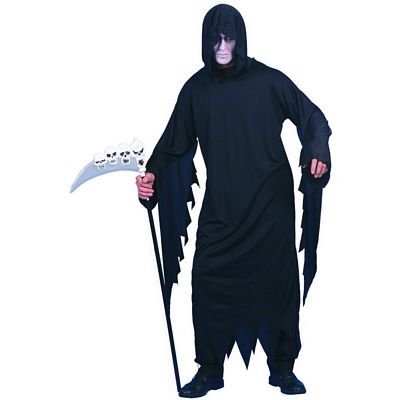 Man in black hooded robe holding a scythe prop.