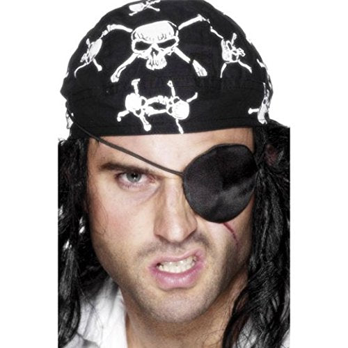 Black pirate eye patch worn by a man with a skull bandana and white shirt.
