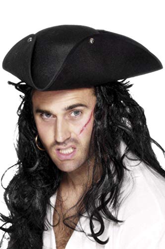A man wearing a black tricorn pirate hat with silver studs.