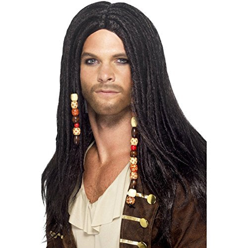 Man wearing a black pirate wig with beads, brown jacket, and white shirt.