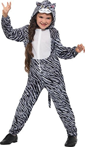 Young girl wearing a black and white tabby cat onesie costume with a hood.