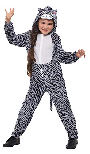 Child wearing a grey tabby cat costume with hood and tail.
