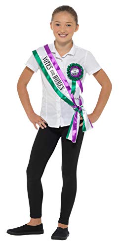 Girl wearing a white shirt and "Votes for Women" sash costume.