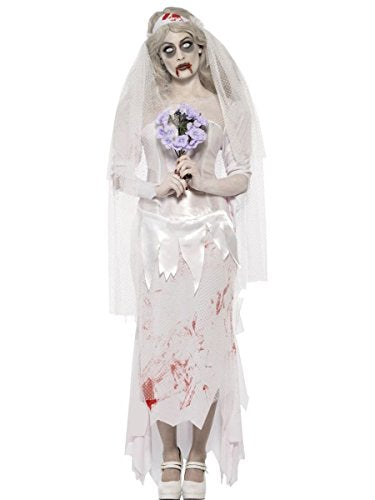 Zombie bride in white dress, veil, and bouquet, with bloody details.