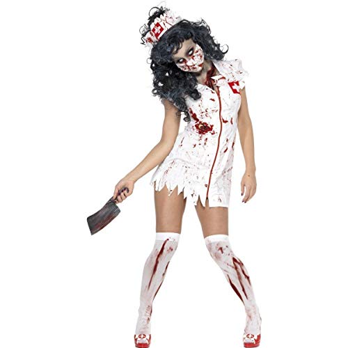 Woman in a bloodied zombie nurse costume holding a knife.