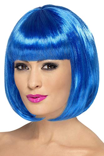 Short, bright blue bob wig with straight fringe on a mannequin head.