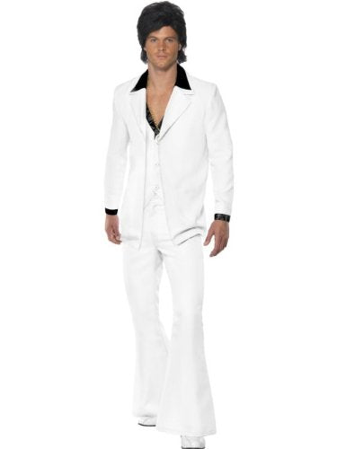 Man wearing a white 1970s-style suit with flared trousers.