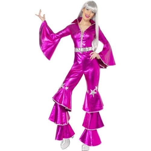 Woman wearing a metallic pink 1970s disco jumpsuit with flared sleeves and star details.