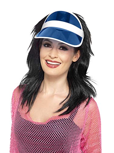 Woman wearing a blue and white 1980s style sun visor.