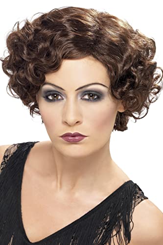 Woman modeling a short, curly brown flapper wig.