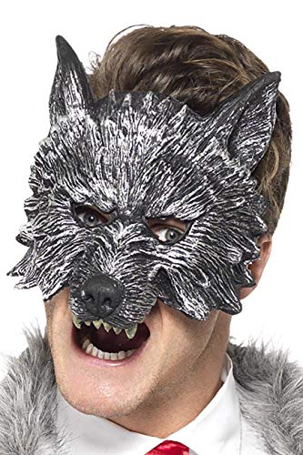 Gray wolf mask with pointed ears and visible teeth, worn by a person.