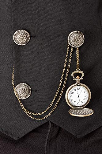 Antique-style pocket watch with a gold chain attached to a black waistcoat button.