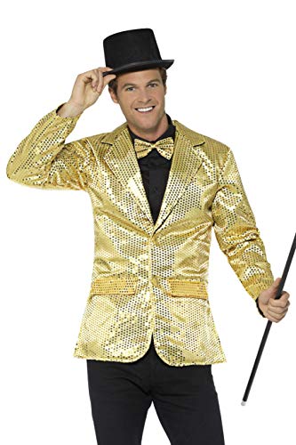 A man wearing a gold sequin jacket, black top hat, and bow tie.