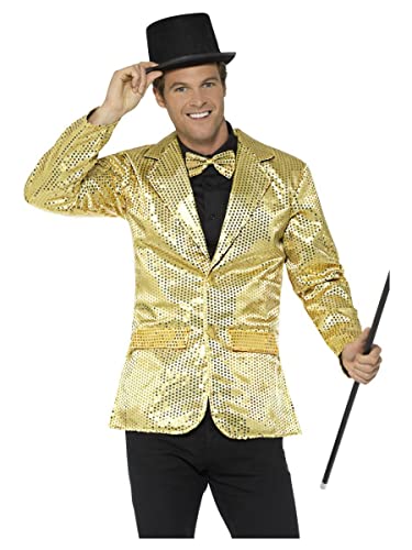 Man wearing a gold sequin jacket, black top hat, bow tie, and holding a cane.