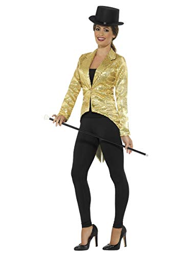 Gold sequin tailcoat jacket worn with black leggings and a top hat.