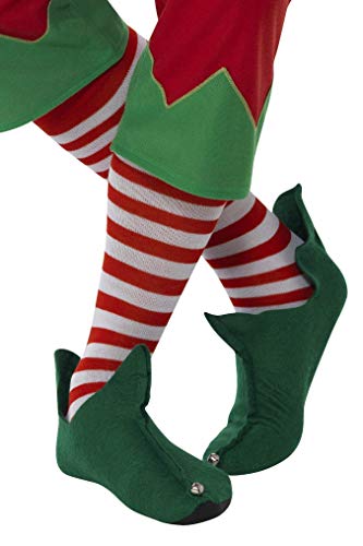 Red and white striped socks with green elf shoe covers.