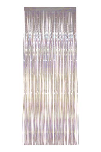 Iridescent foil fringe curtain with thin vertical strips hanging against a white background.