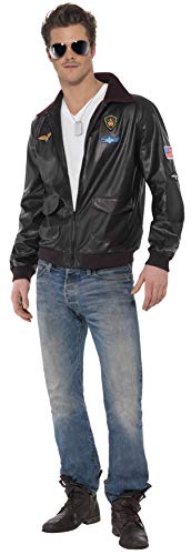 Man wearing a brown leather-look Top Gun bomber jacket and jeans.
