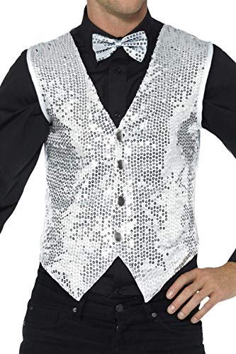 A person wearing a silver sequin waistcoat and a matching sequin bow tie.