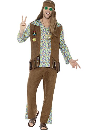 Man wearing 1960s hippie costume with brown suede vest, patterned shirt, and flared trousers.
