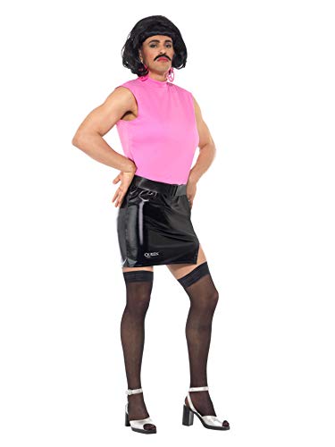 Person in pink and black housewife costume with wig and mustache.