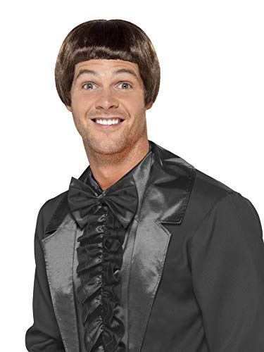 Man wearing a brown bowl cut wig, styled in a 90's fashion.