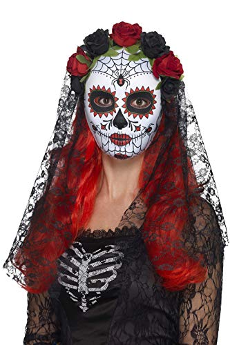 Day of the Dead mask with floral headpiece and lace veil.