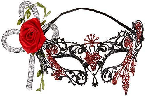 Black and red glittery filigree eye mask adorned with a large red fabric rose.