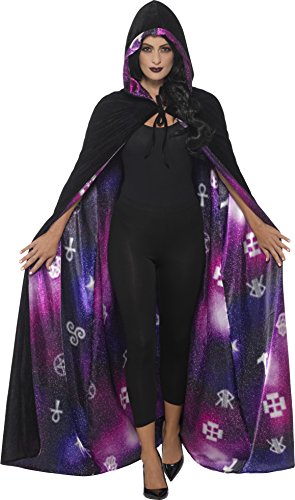 A woman wears a black bodysuit and a purple reversible hooded cape with occult symbols.
