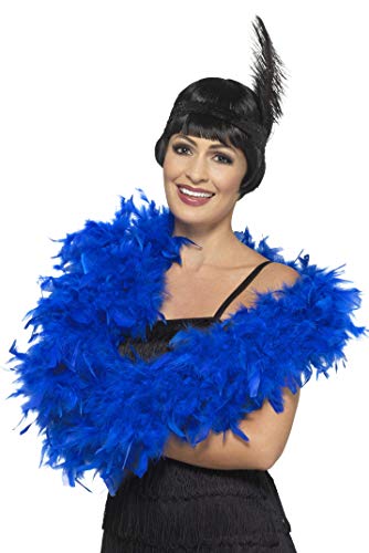 Woman wearing a fluffy blue feather boa and black bob wig.