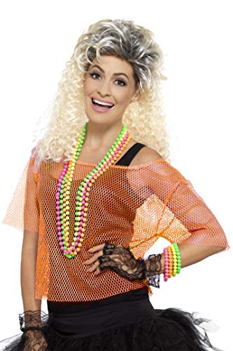 Woman wearing an orange fishnet top with 80s accessories.