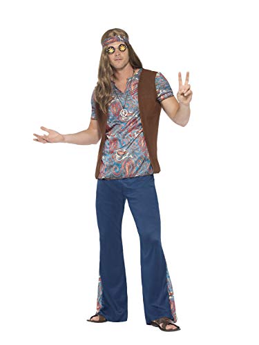 Man wearing a 1960s hippie costume with paisley shirt, brown vest, and blue bell-bottoms.