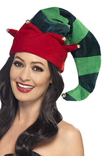 Striped red and green plush elf hat worn by a woman.