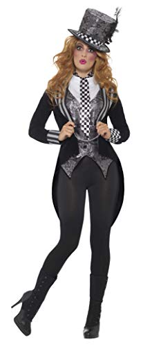 Woman wearing a black and grey Mad Hatter costume with a top hat.