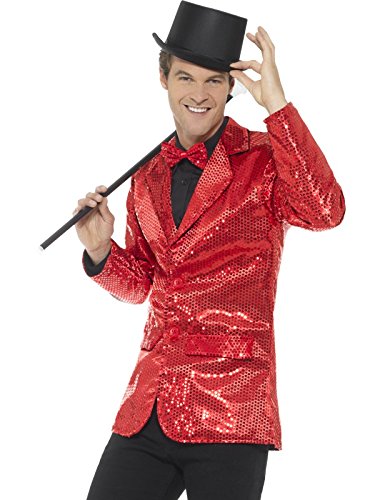 Man wearing red sequined jacket, black top hat, and holding a black cane.