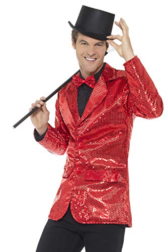 Man wearing a red sequin jacket, black top hat, bow tie, and holding a cane.